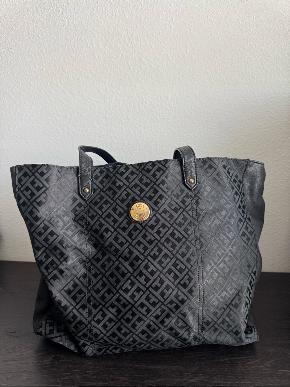 Tommy Hilfiger Black Logo Jacquard Tote with Gold Emblem